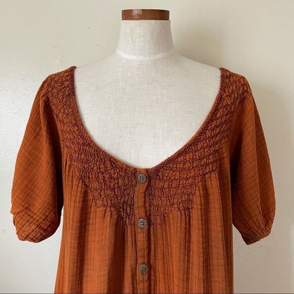 Free People Sunday Stroll Maxi Dress smocked oversized Small Burnt Clay Combo - Picture 4 of 14